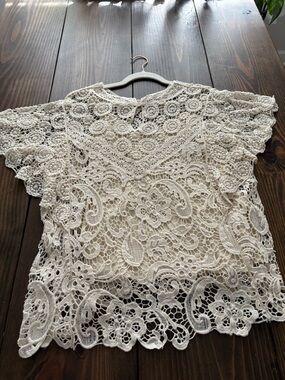 Lace Crochet Short-Sleeve Top - Cream